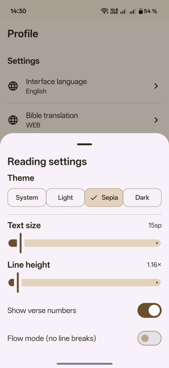 Reading settings in Bible with Levi